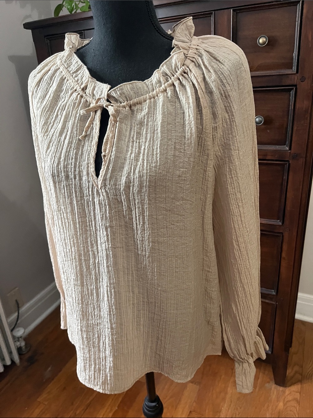 Martha Stewart Cream Textured Peasant Blouse with Tie Neck